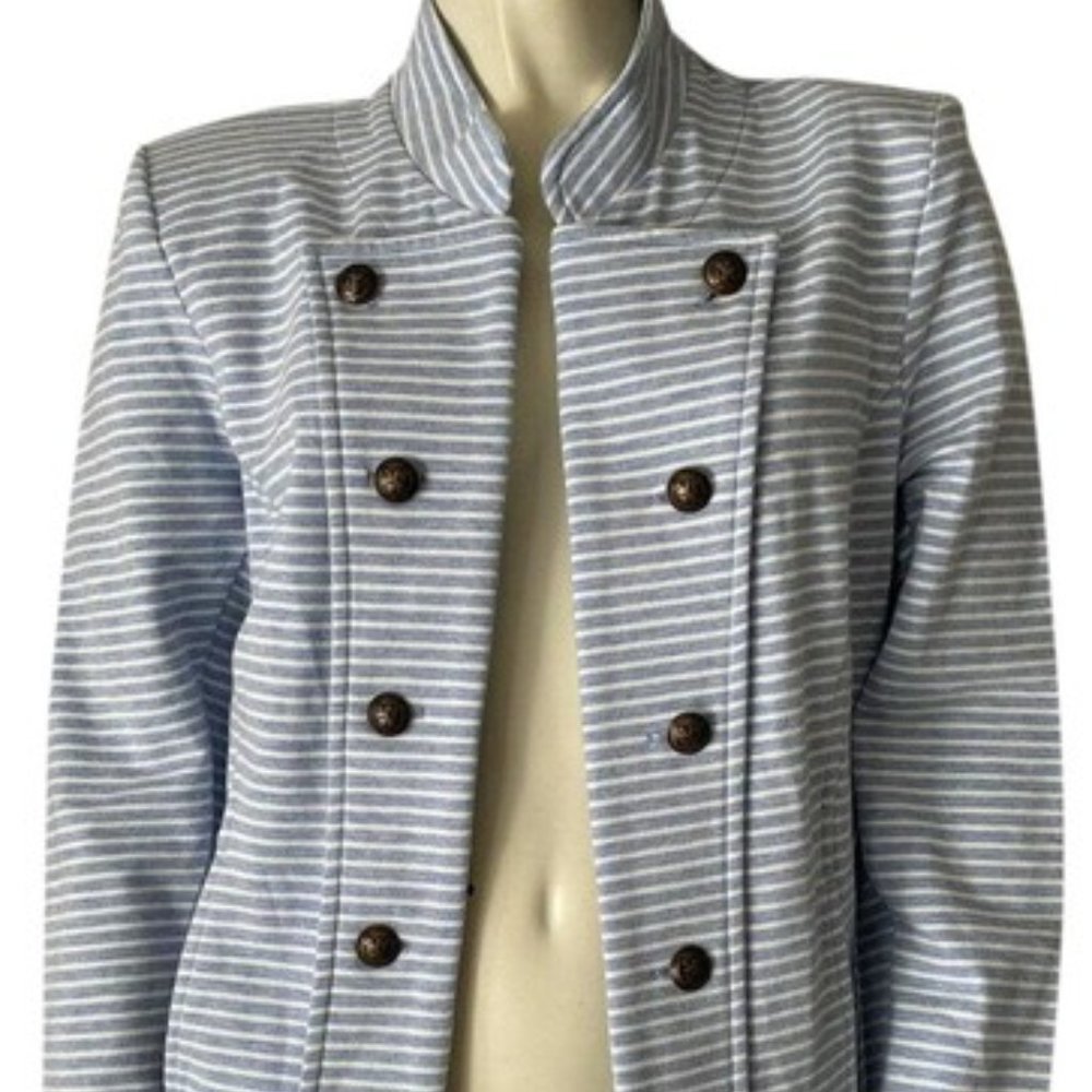 Tommy Hilfiger Military Band Womens Open Front Jacket Grey White Stripes sz S